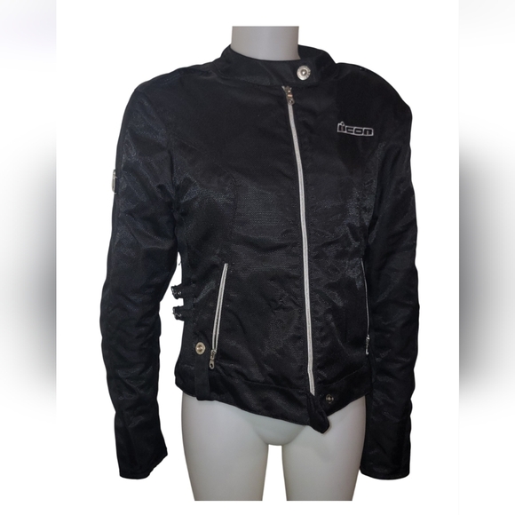 ICON HELLA Sz M Womens Motorcycle Black Jacket Textile Armor Zip Out Protective - Picture 3 of 8